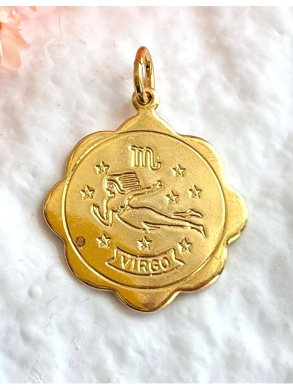 Virgo Zodiac Scalloped Gold Toned Vintage Pendant Necklace w/ Black Rope - 26"